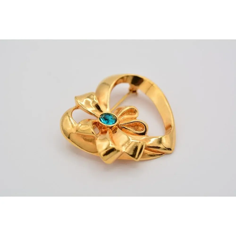 Avon Vintage Heart Pin Brooch Teal Rhinestone Crystal Bow Gold Signed 80s BinAT